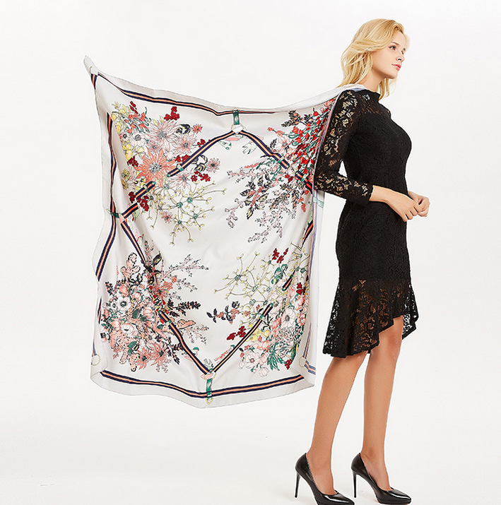 lang Seidentuch Halstuch Rundschal 130cm Schlauchschal Poncho Damen Blumen N26
